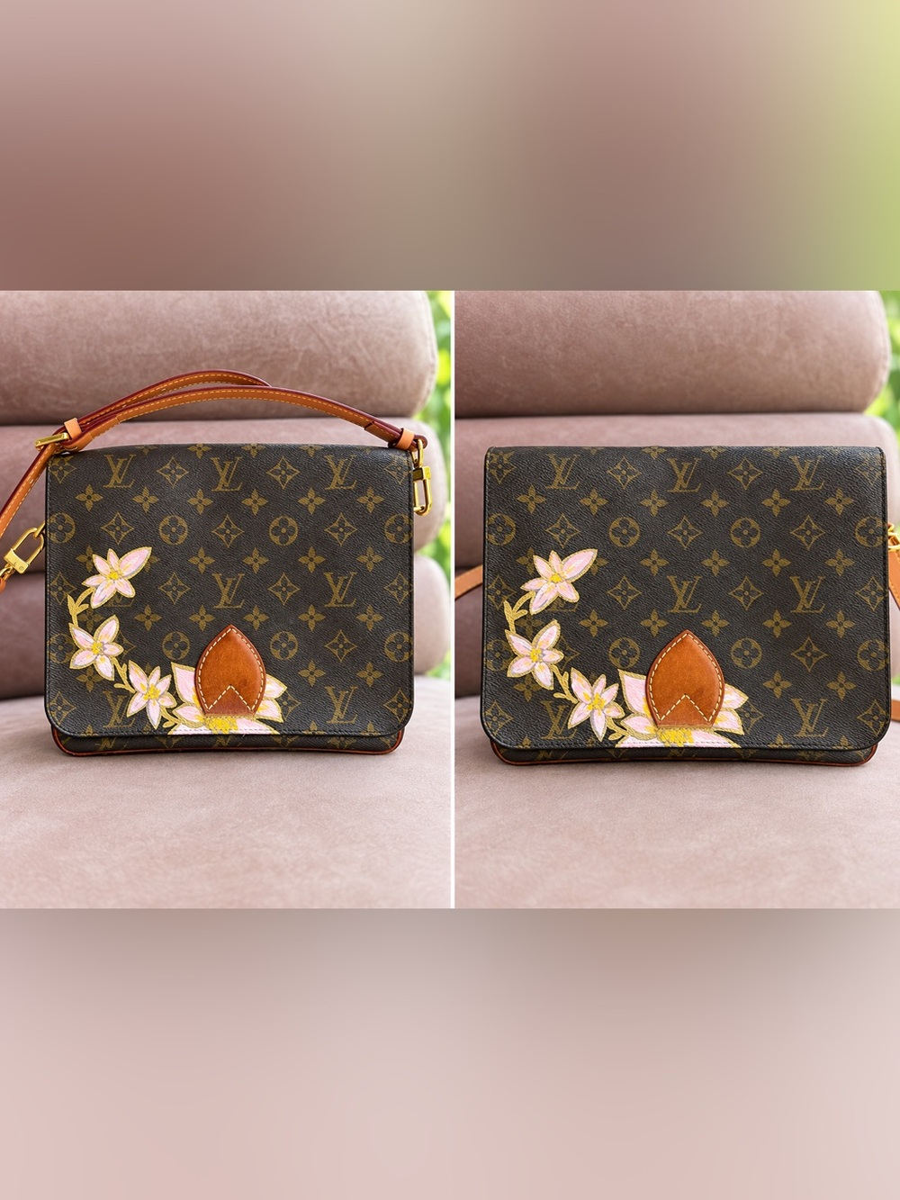 LV cartouchiere Brown Monogram Crossbody with painted Floral Accents